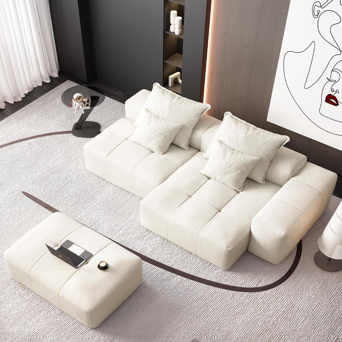 Canapé modulaire sectionnel surdimensionné en chenille avec pouf, méridienne, 1 accoudoir et 4 coussins pour le salon