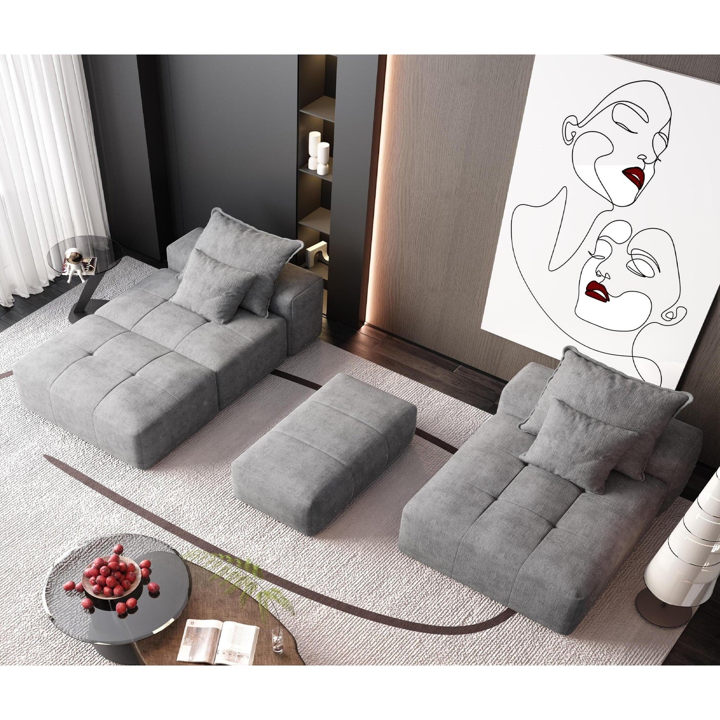 Canapé modulaire sectionnel surdimensionné en chenille avec pouf, méridienne, 1 accoudoir et 4 coussins pour le salon