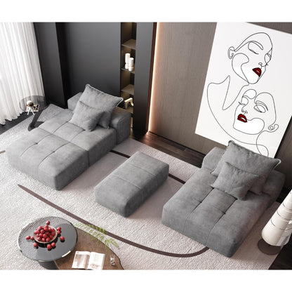 Canapé modulaire sectionnel surdimensionné en chenille avec pouf, méridienne, 1 accoudoir et 4 coussins pour le salon