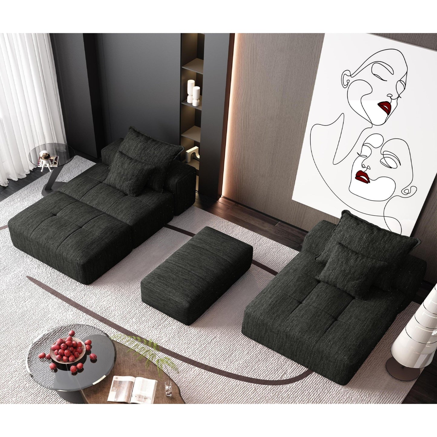 Canapé modulaire sectionnel surdimensionné en chenille avec pouf, méridienne, 1 accoudoir et 4 coussins pour le salon