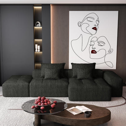 Canapé modulaire sectionnel surdimensionné en chenille avec pouf, méridienne, 1 accoudoir et 4 coussins pour le salon