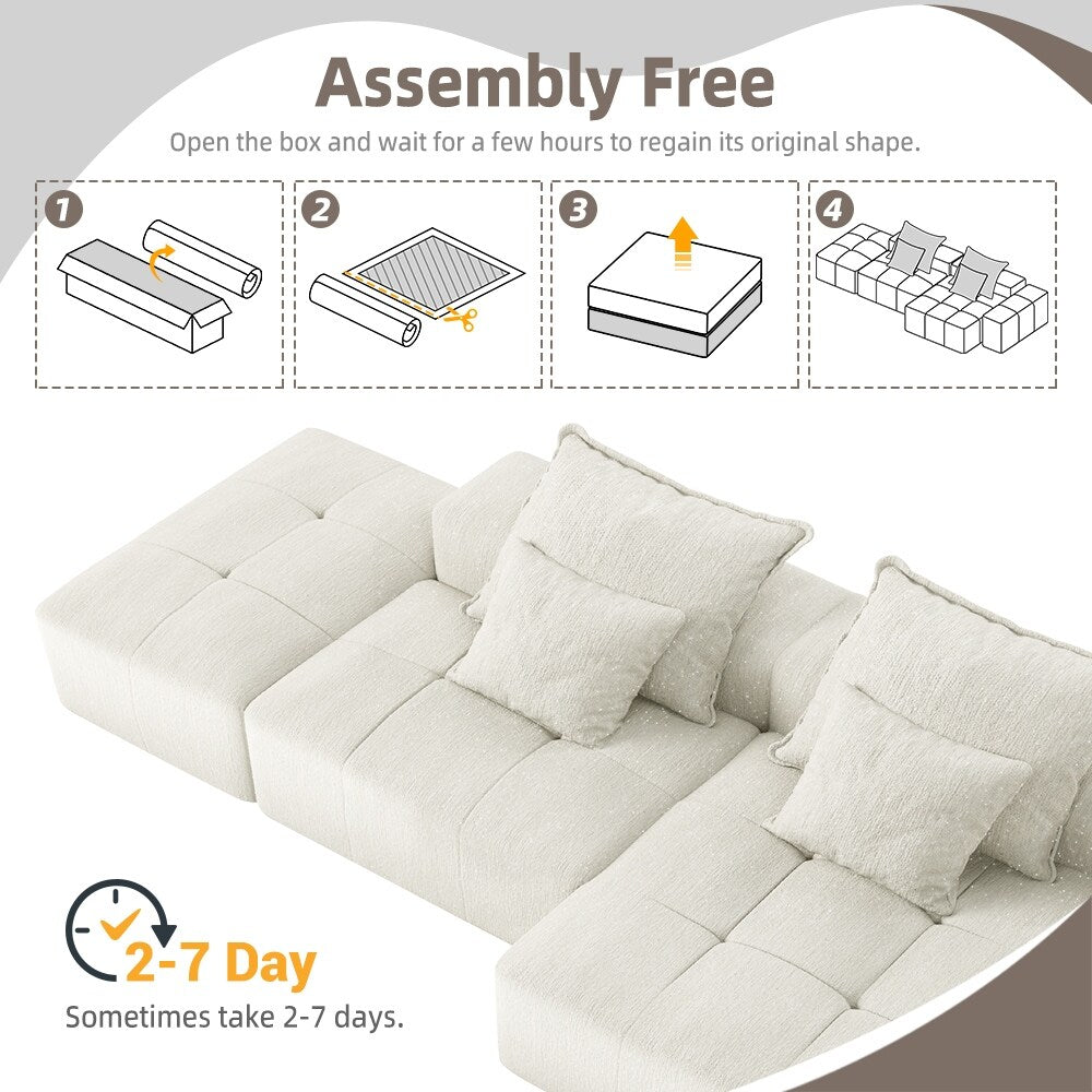 Canapé modulaire sectionnel surdimensionné en chenille avec pouf, méridienne, 1 accoudoir et 4 coussins pour le salon