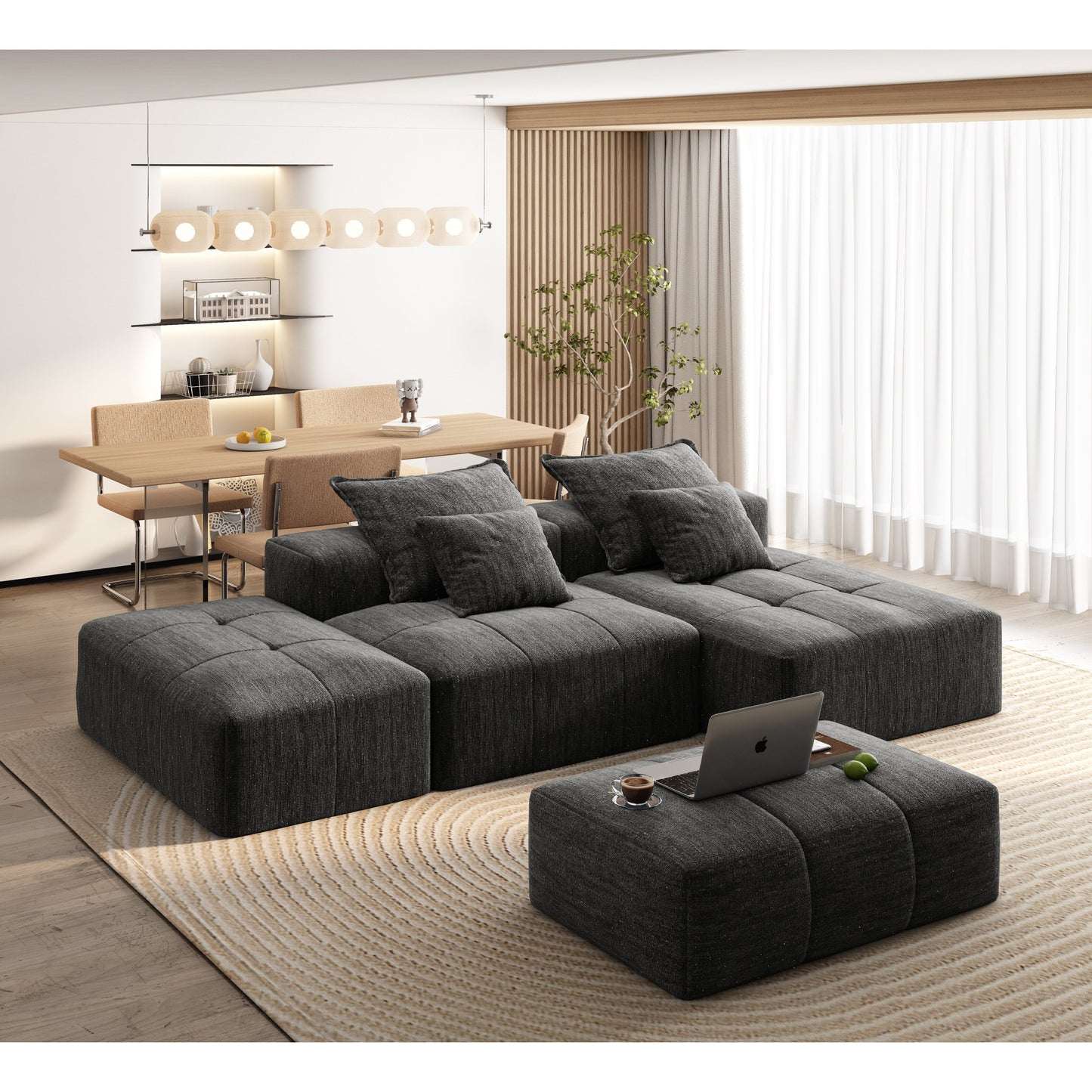 Canapé modulaire sectionnel surdimensionné en chenille avec pouf, méridienne, 1 accoudoir et 4 coussins pour le salon