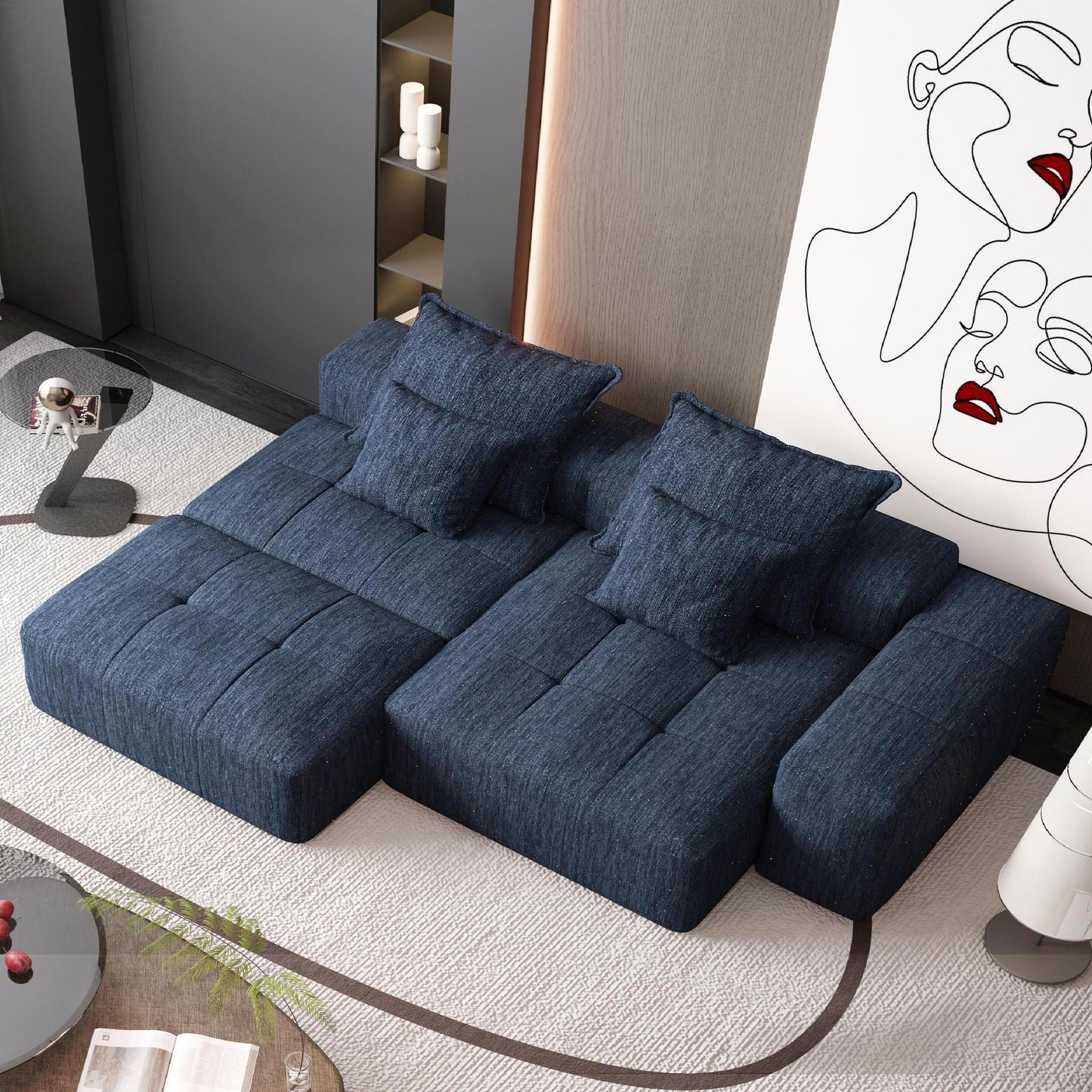 Canapé modulaire sectionnel surdimensionné en chenille avec pouf, méridienne, 1 accoudoir et 4 coussins pour le salon