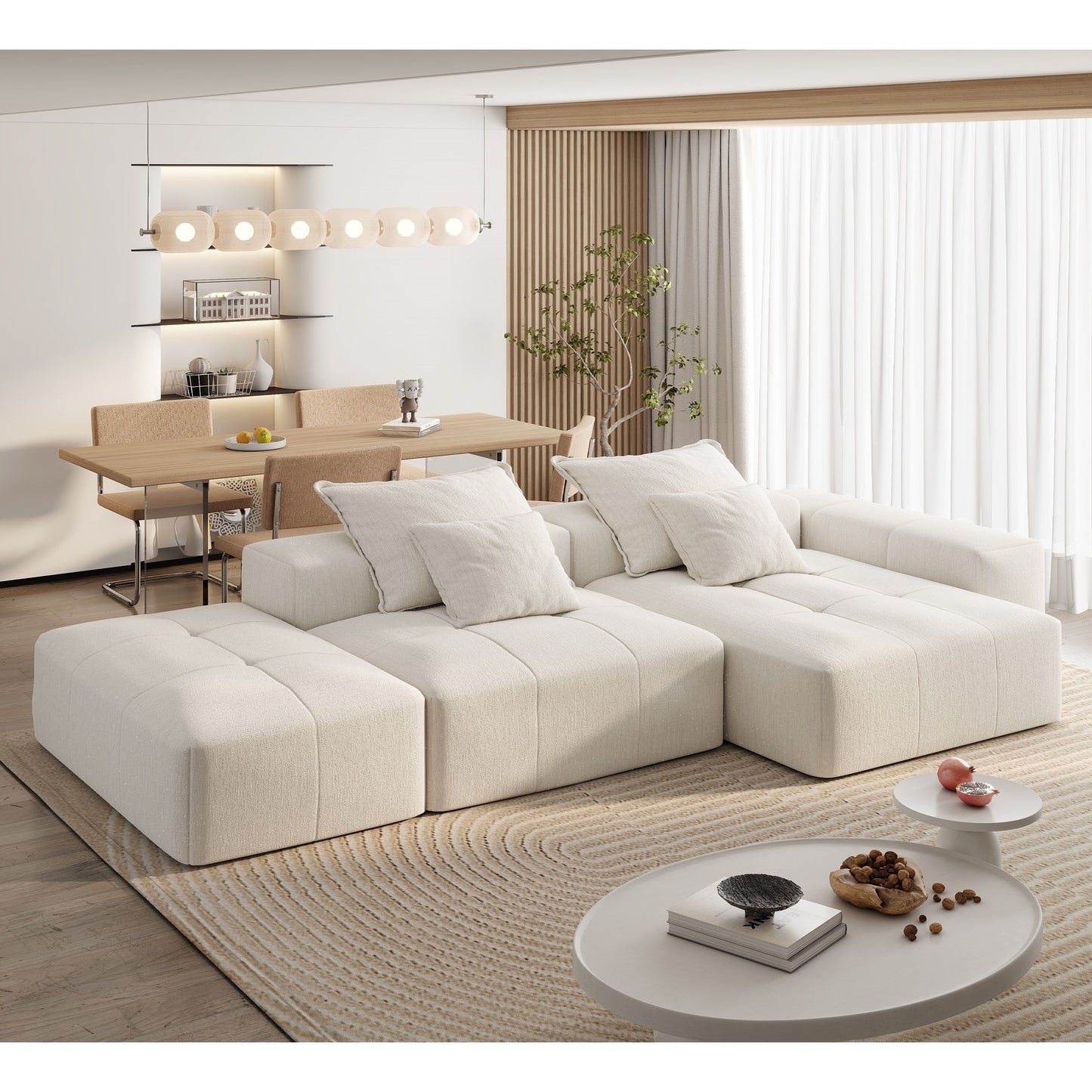 Canapé modulaire sectionnel surdimensionné en chenille avec pouf, méridienne, 1 accoudoir et 4 coussins pour le salon