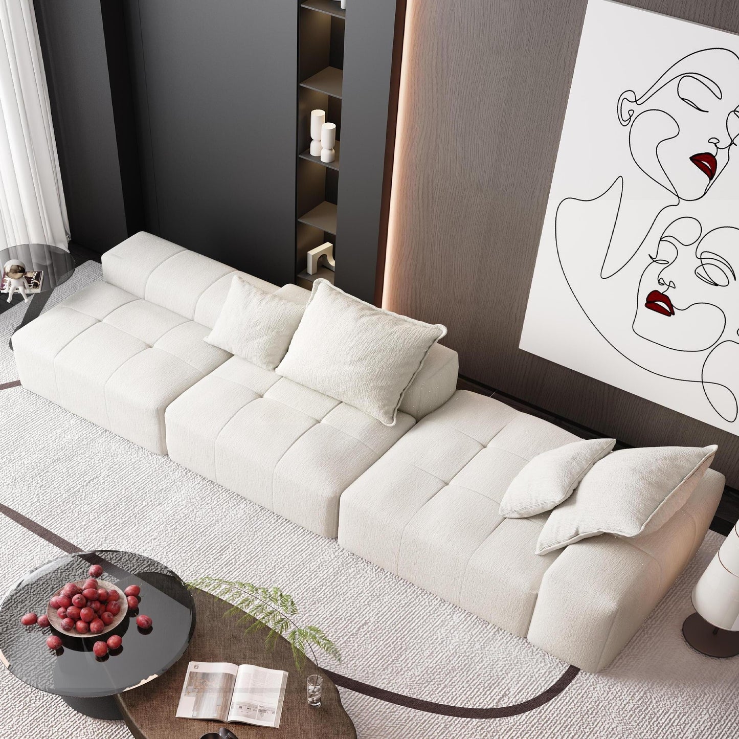 Canapé modulaire sectionnel surdimensionné en chenille avec pouf, méridienne, 1 accoudoir et 4 coussins pour le salon