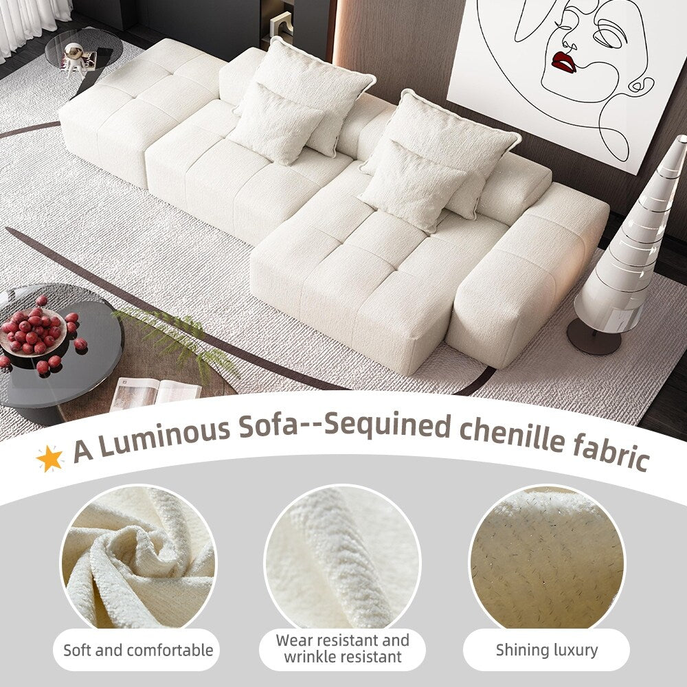 Canapé modulaire sectionnel surdimensionné en chenille avec pouf, méridienne, 1 accoudoir et 4 coussins pour le salon