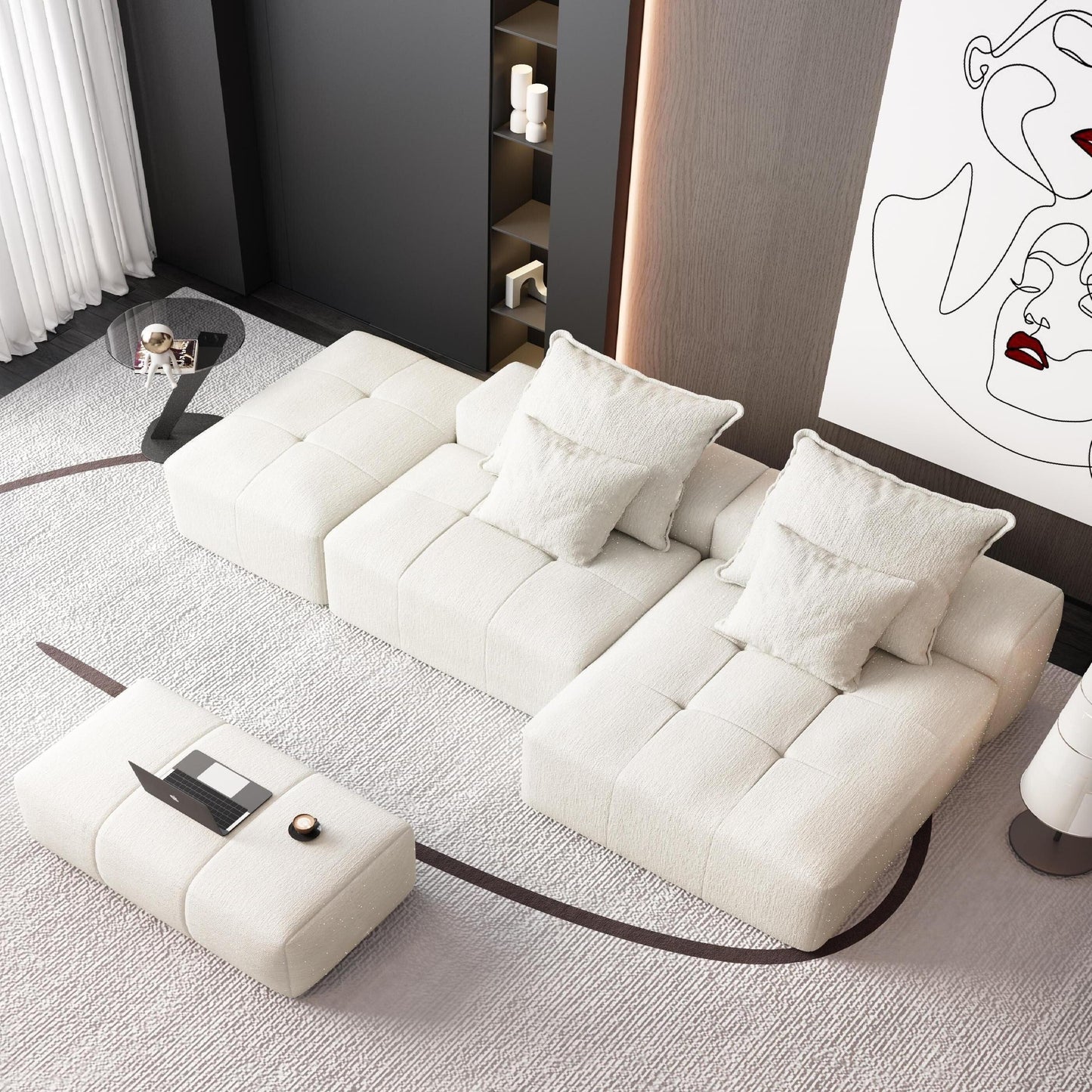 Canapé modulaire sectionnel surdimensionné en chenille avec pouf, méridienne, 1 accoudoir et 4 coussins pour le salon