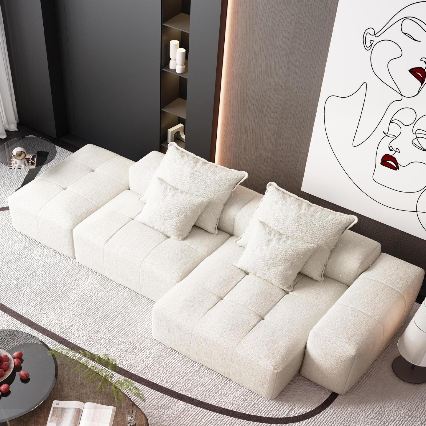 Canapé modulaire sectionnel surdimensionné en chenille avec pouf, méridienne, 1 accoudoir et 4 coussins pour le salon