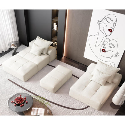 Canapé modulaire sectionnel surdimensionné en chenille avec pouf, méridienne, 1 accoudoir et 4 coussins pour le salon