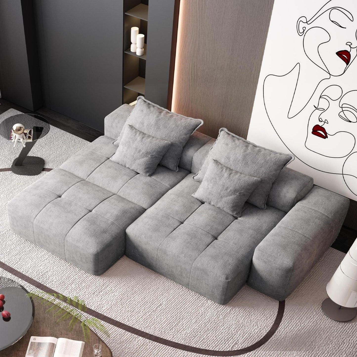 Canapé modulaire sectionnel surdimensionné en chenille avec pouf, méridienne, 1 accoudoir et 4 coussins pour le salon