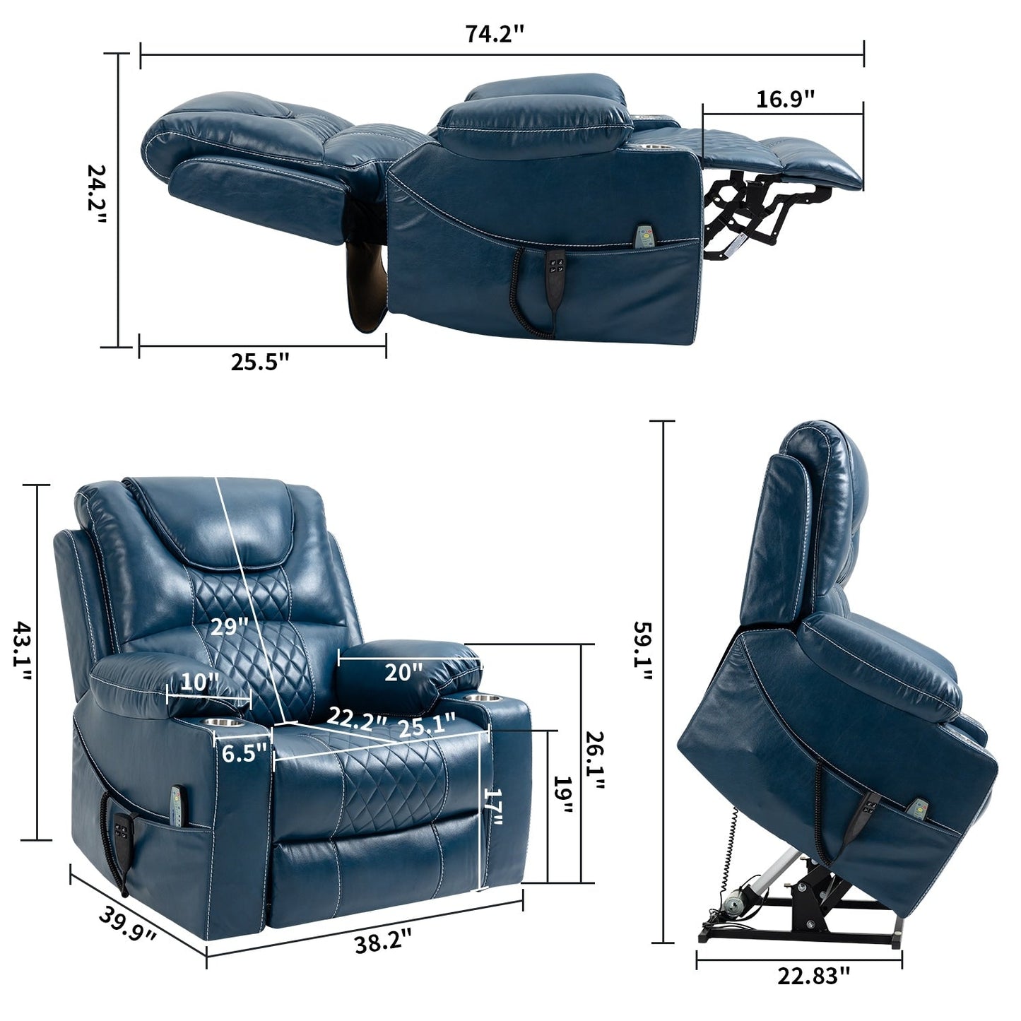 Fauteuil inclinable électrique surdimensionné en cuir PU avec massage, chauffage lombaire, porte-gobelet, position à plat à 180°