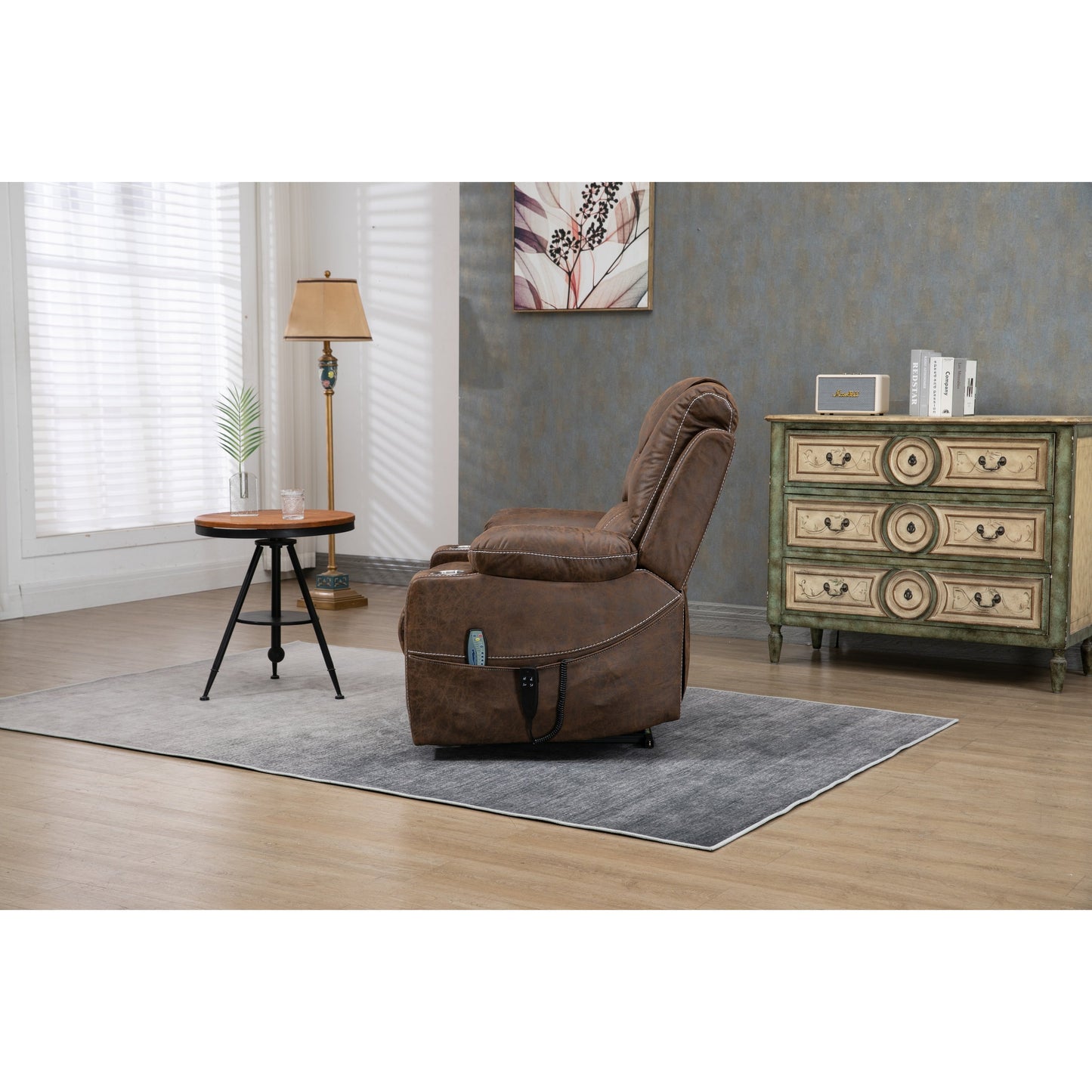 Fauteuil inclinable électrique surdimensionné en cuir PU avec massage, chauffage lombaire, porte-gobelet, position à plat à 180°