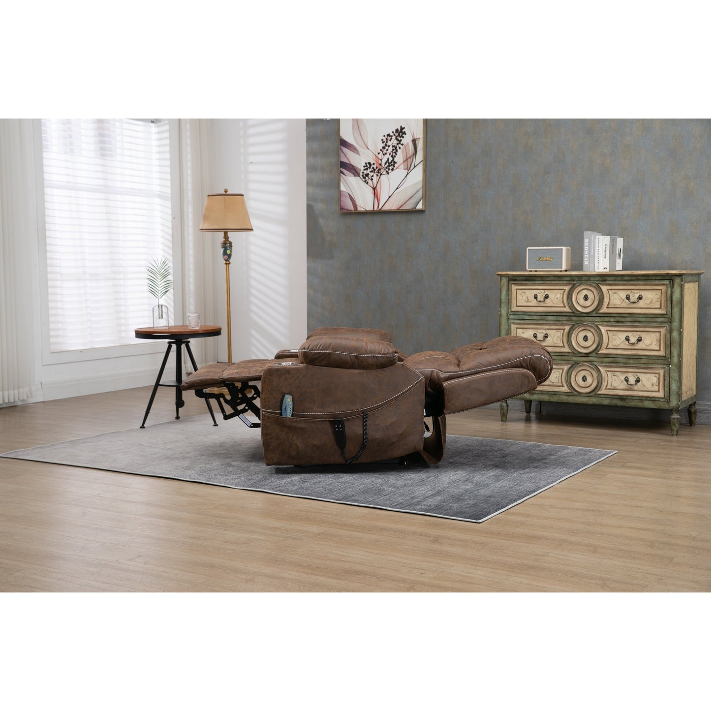 Fauteuil inclinable électrique surdimensionné en cuir PU avec massage, chauffage lombaire, porte-gobelet, position à plat à 180°