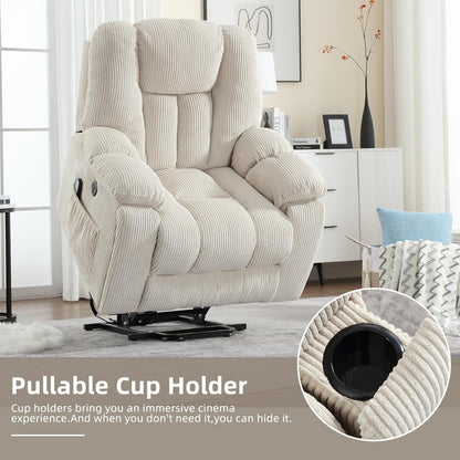 Fauteuil inclinable électrique surdimensionné avec massage et chauffage, avec 2 porte-gobelets dissimulés pour personnes âgées