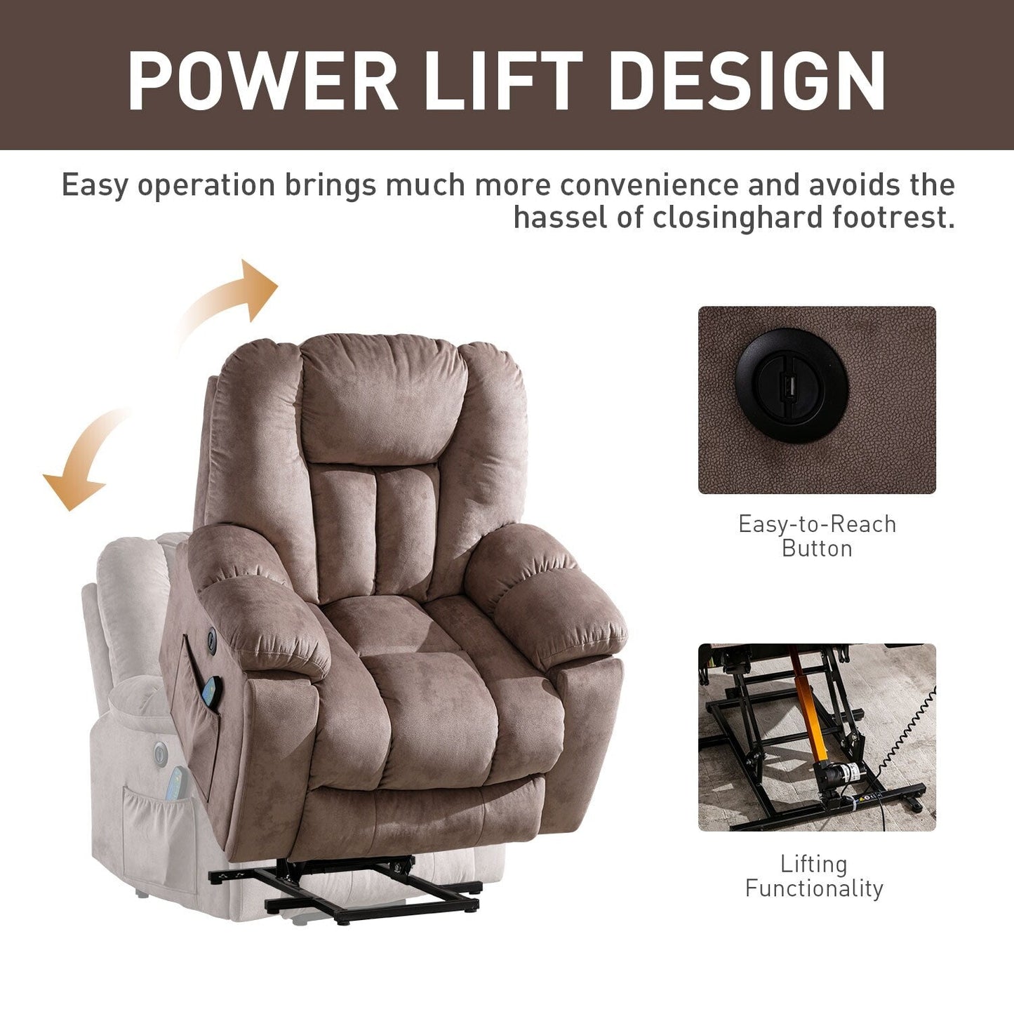 Fauteuil inclinable électrique surdimensionné avec massage et chauffage, avec 2 porte-gobelets dissimulés pour personnes âgées