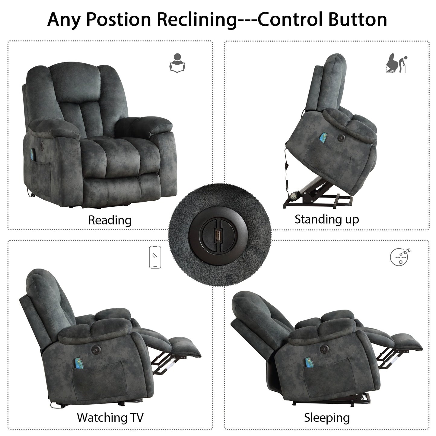 Fauteuil inclinable électrique surdimensionné avec massage et chauffage, avec 2 porte-gobelets dissimulés pour personnes âgées