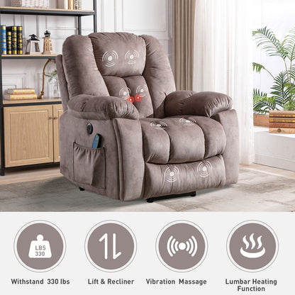 Fauteuil inclinable électrique surdimensionné avec massage et chauffage, avec 2 porte-gobelets dissimulés pour personnes âgées