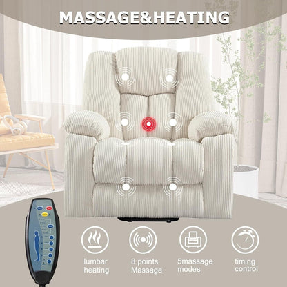Fauteuil inclinable électrique surdimensionné avec massage et chauffage, avec 2 porte-gobelets dissimulés pour personnes âgées