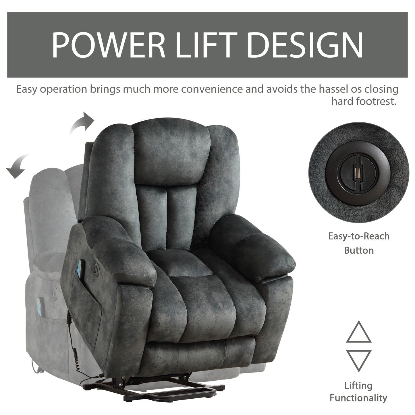 Fauteuil inclinable électrique surdimensionné avec massage et chauffage, avec 2 porte-gobelets dissimulés pour personnes âgées