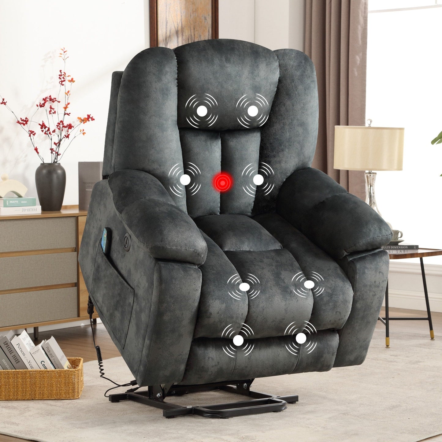 Fauteuil inclinable électrique surdimensionné avec massage et chauffage, avec 2 porte-gobelets dissimulés pour personnes âgées