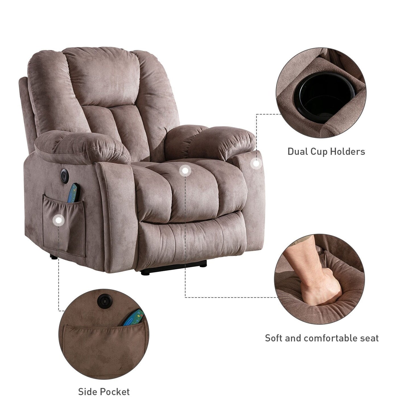 Fauteuil inclinable électrique surdimensionné avec massage et chauffage, avec 2 porte-gobelets dissimulés pour personnes âgées
