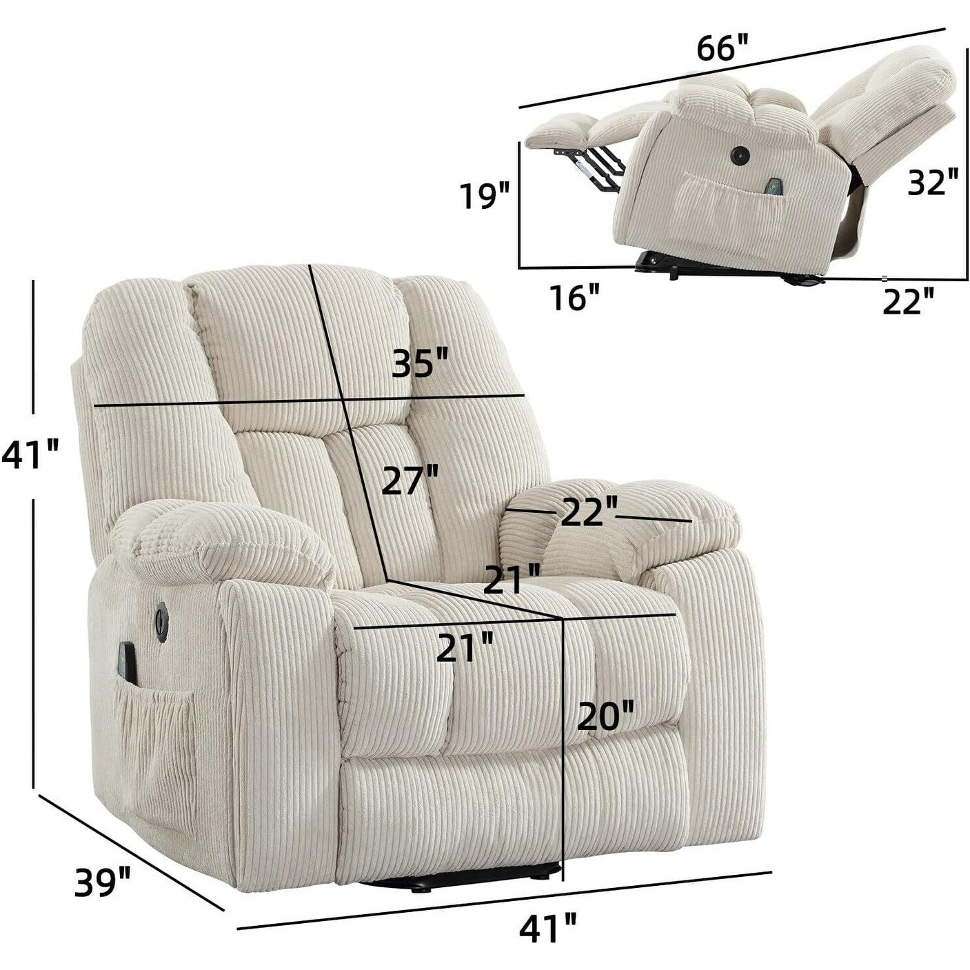 Fauteuil inclinable électrique surdimensionné avec massage et chauffage, avec 2 porte-gobelets dissimulés pour personnes âgées