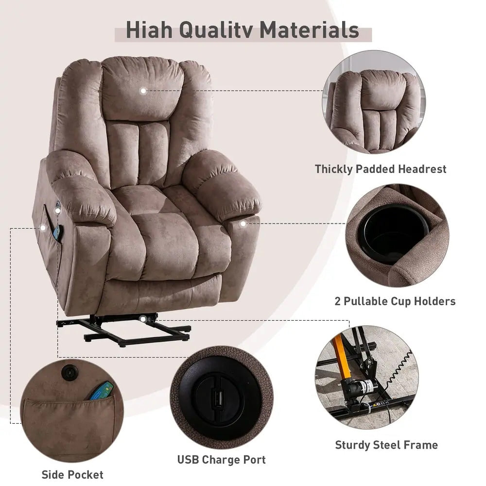 Fauteuil inclinable électrique surdimensionné avec massage et chauffage, avec 2 porte-gobelets dissimulés pour personnes âgées