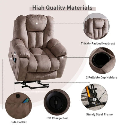 Fauteuil inclinable électrique surdimensionné avec massage et chauffage, avec 2 porte-gobelets dissimulés pour personnes âgées