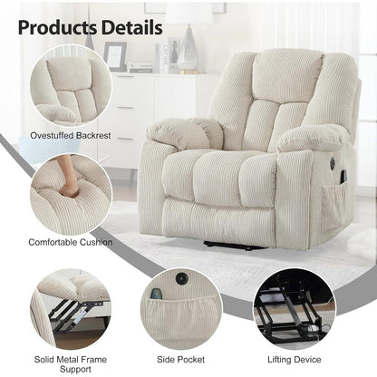 Fauteuil inclinable électrique surdimensionné avec massage et chauffage, avec 2 porte-gobelets dissimulés pour personnes âgées