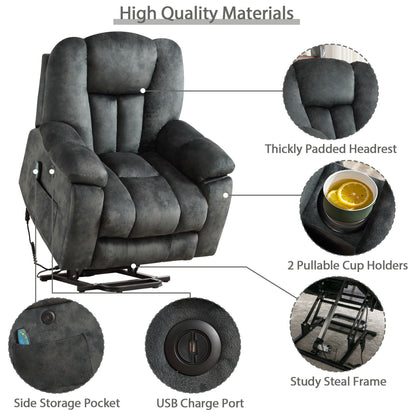 Fauteuil inclinable électrique surdimensionné avec massage et chauffage, avec 2 porte-gobelets dissimulés pour personnes âgées