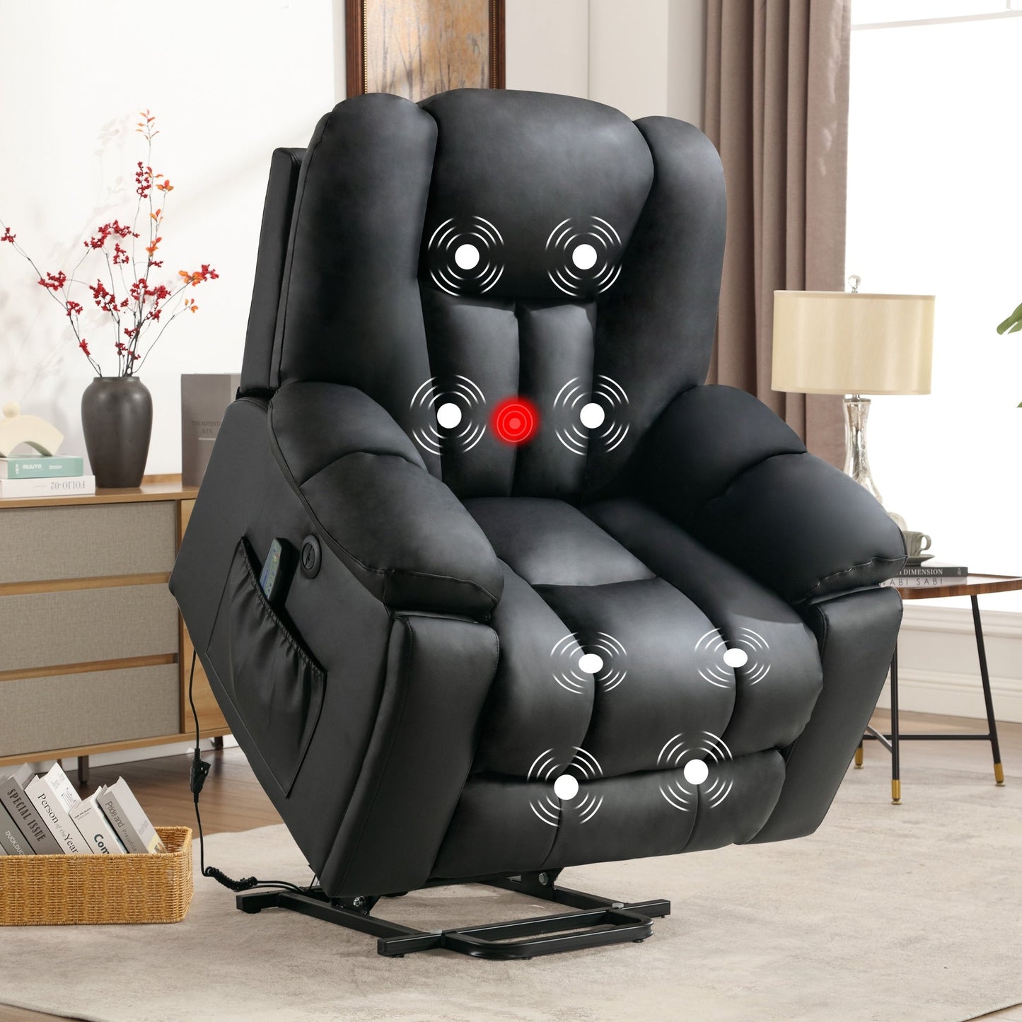 Fauteuil inclinable électrique surdimensionné avec massage et chauffage, avec 2 porte-gobelets dissimulés pour personnes âgées