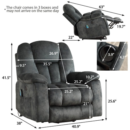 Fauteuil inclinable électrique surdimensionné avec massage et chauffage, avec 2 porte-gobelets dissimulés pour personnes âgées