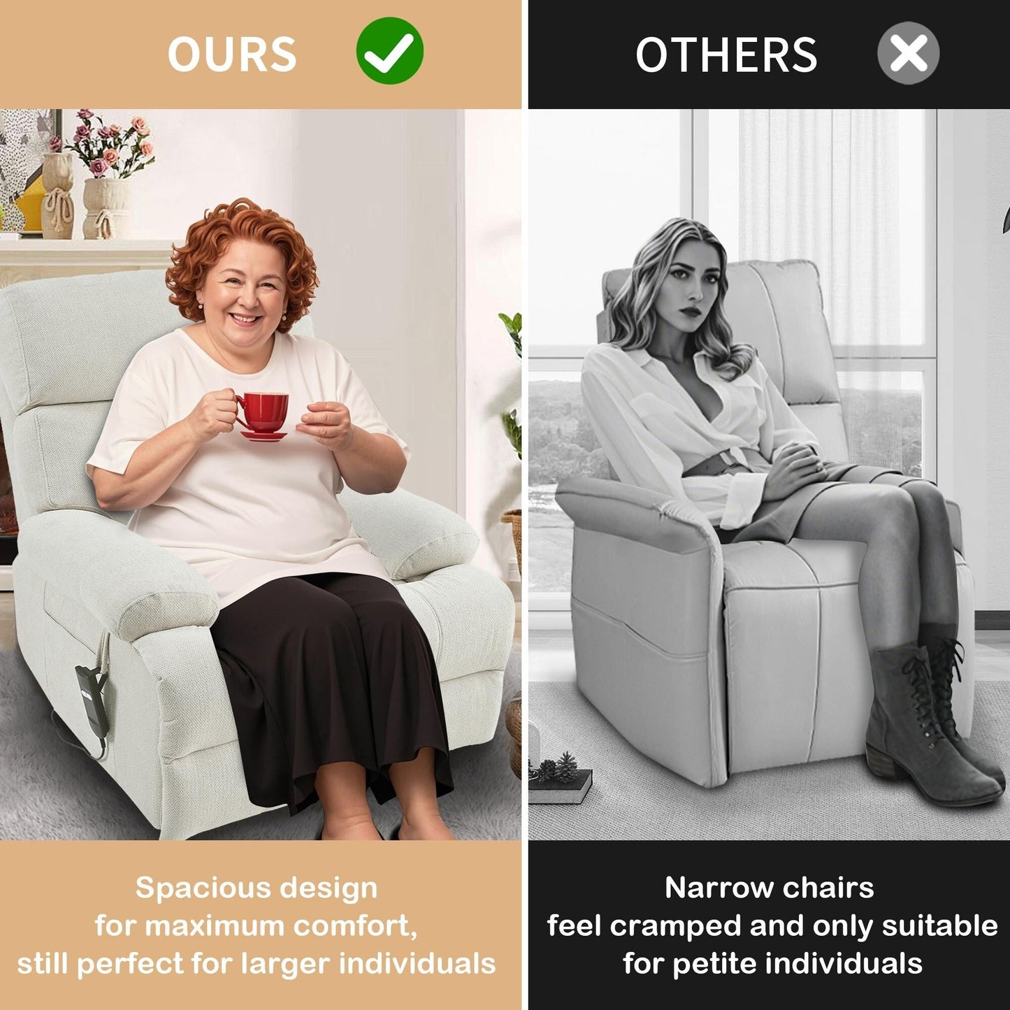 Fauteuil inclinable électrique surdimensionné pour personnes âgées, canapé inclinable avec télécommande, poche latérale, siège spacieux