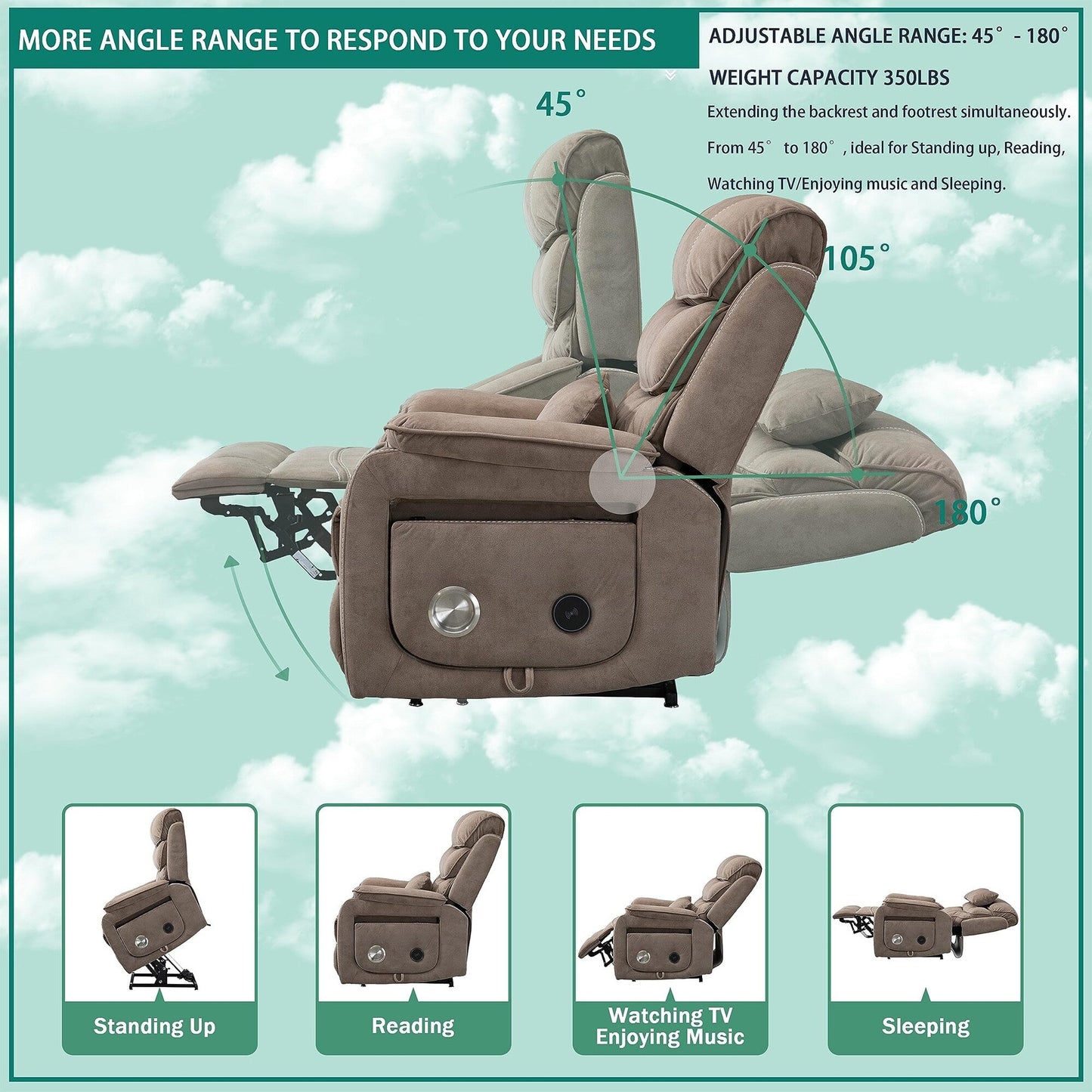 Fauteuil inclinable électrique surdimensionné avec massage thermique, 180° en position allongée