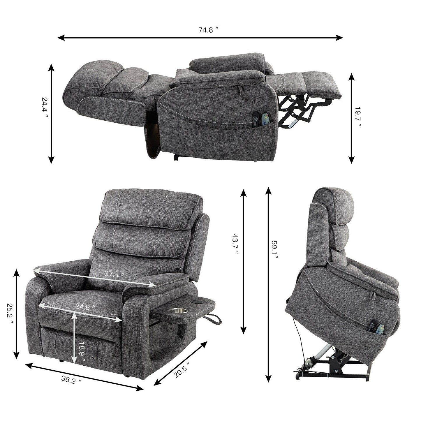 Fauteuil inclinable électrique surdimensionné avec massage thermique, 180° en position allongée