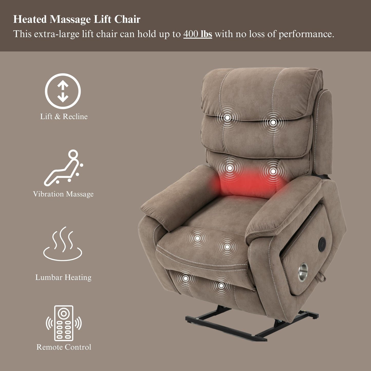Fauteuil inclinable électrique surdimensionné avec massage thermique, 180° en position allongée