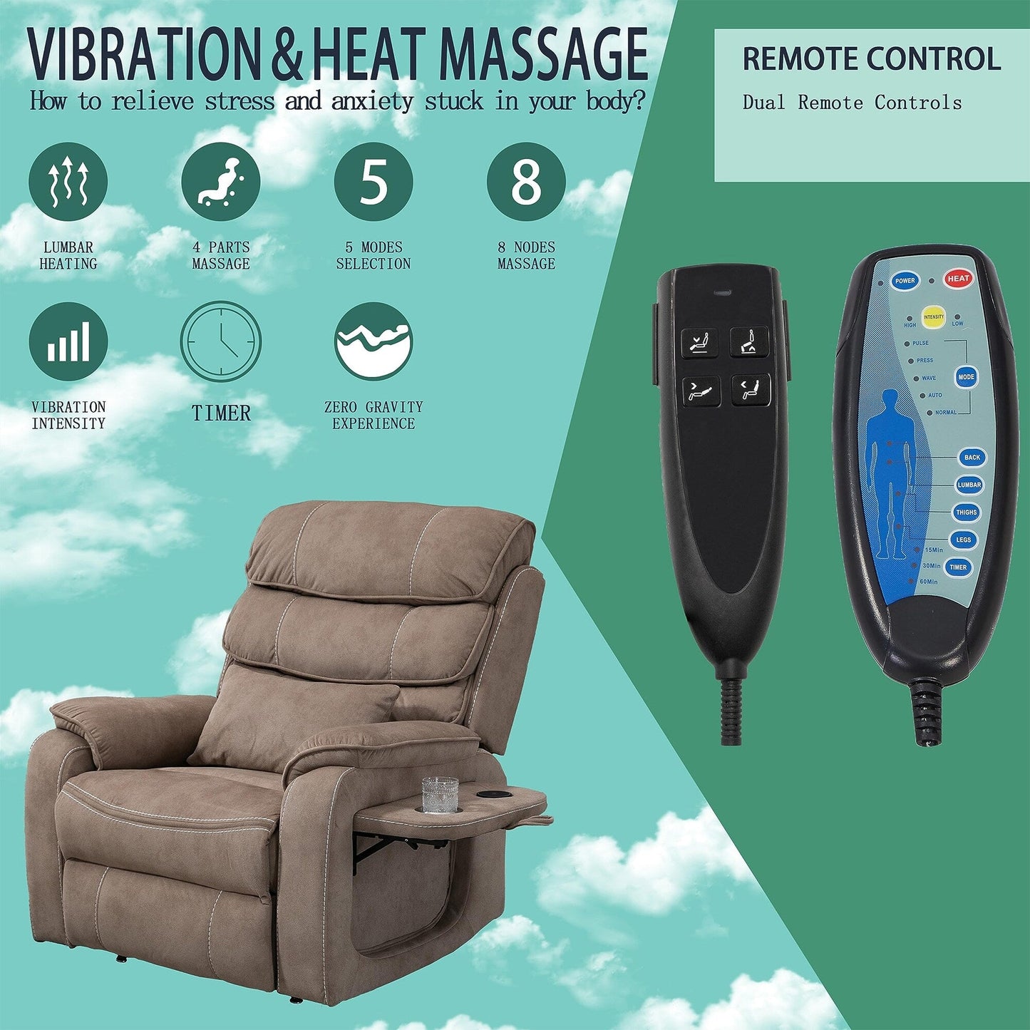 Fauteuil inclinable électrique surdimensionné avec massage thermique, 180° en position allongée