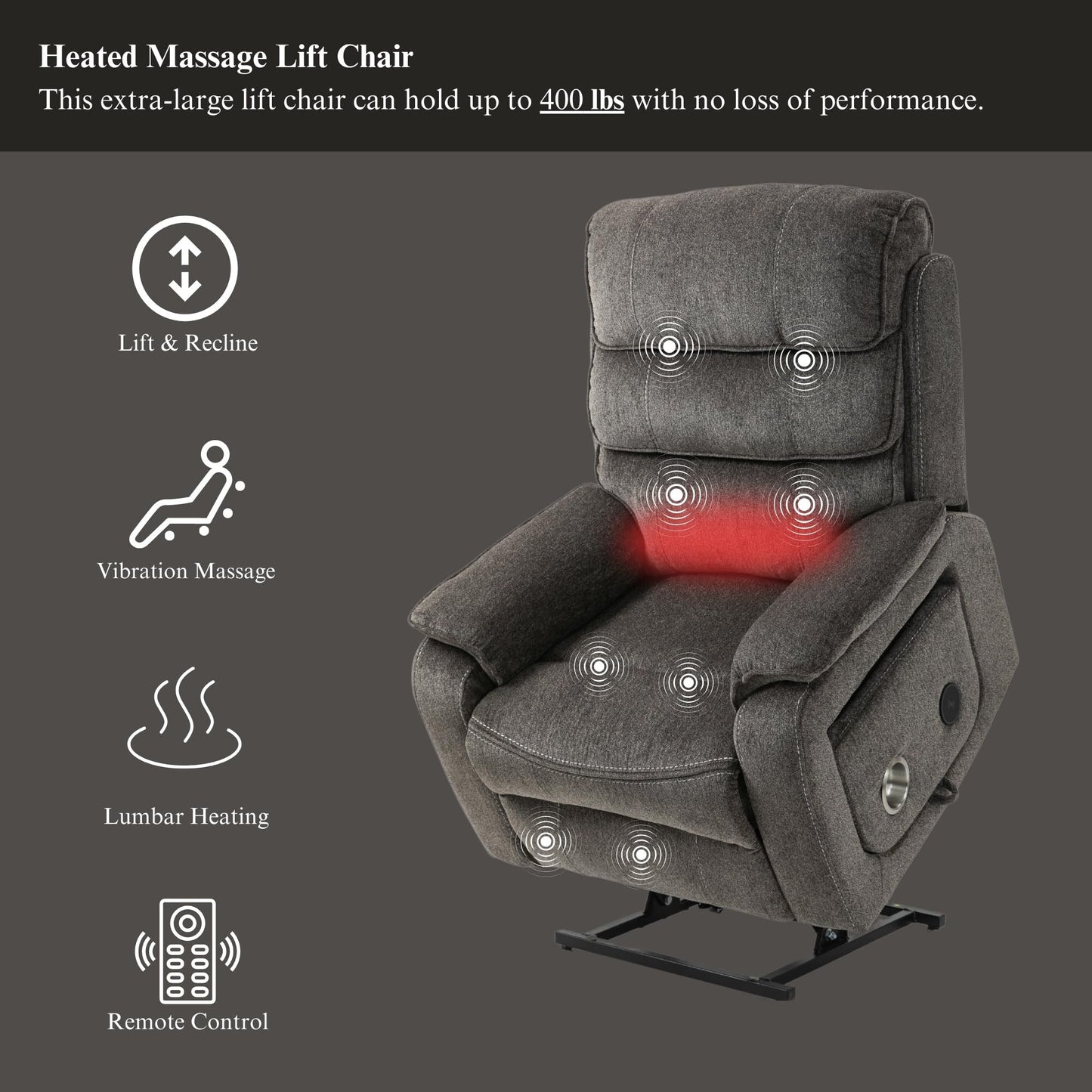 Fauteuil inclinable électrique surdimensionné avec massage thermique, 180° en position allongée