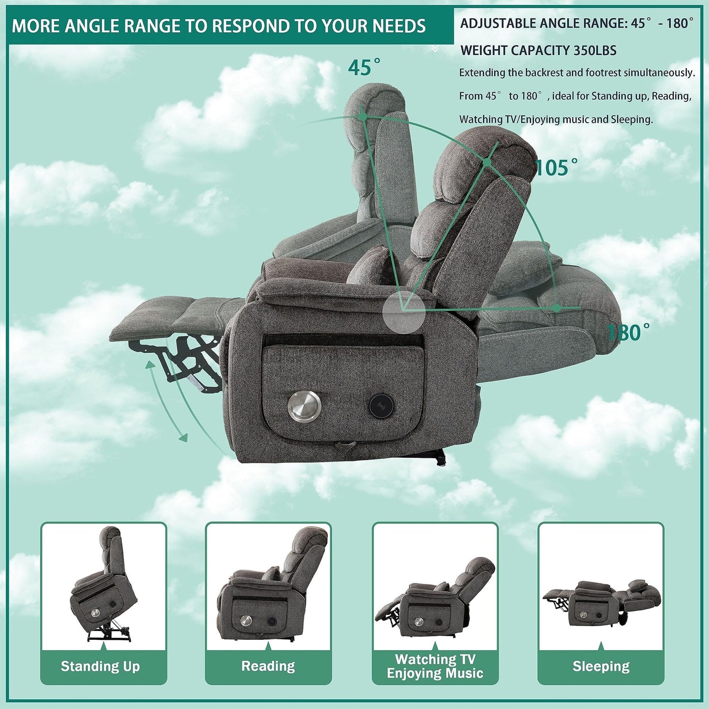 Fauteuil inclinable électrique surdimensionné avec massage thermique, 180° en position allongée