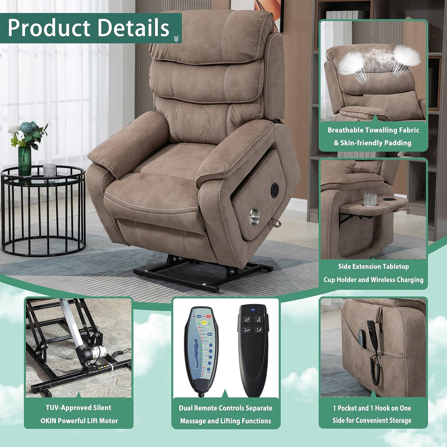 Fauteuil inclinable électrique surdimensionné avec massage thermique, 180° en position allongée