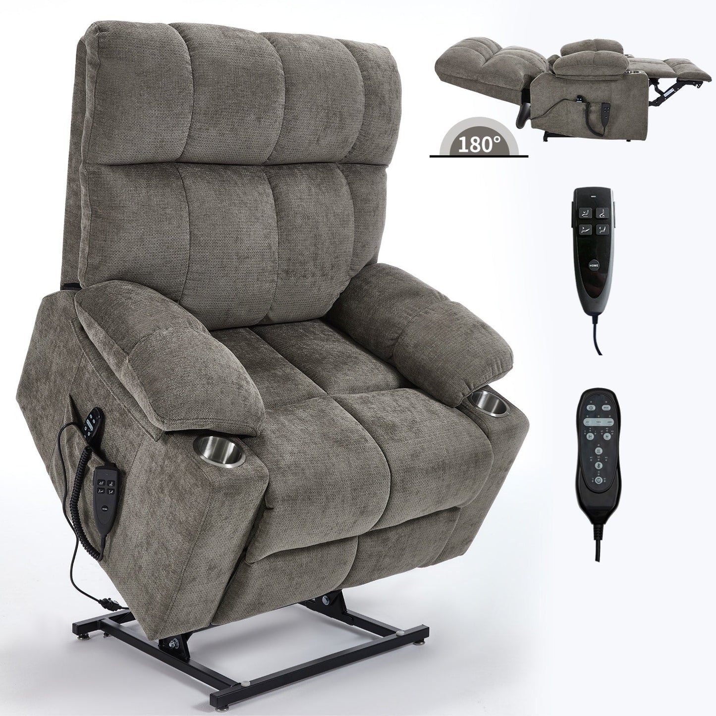 Fauteuil inclinable électrique surdimensionné avec double moteur, massage et chauffage lombaire, revêtement en chenille, deux porte-gobelets et poches latérales