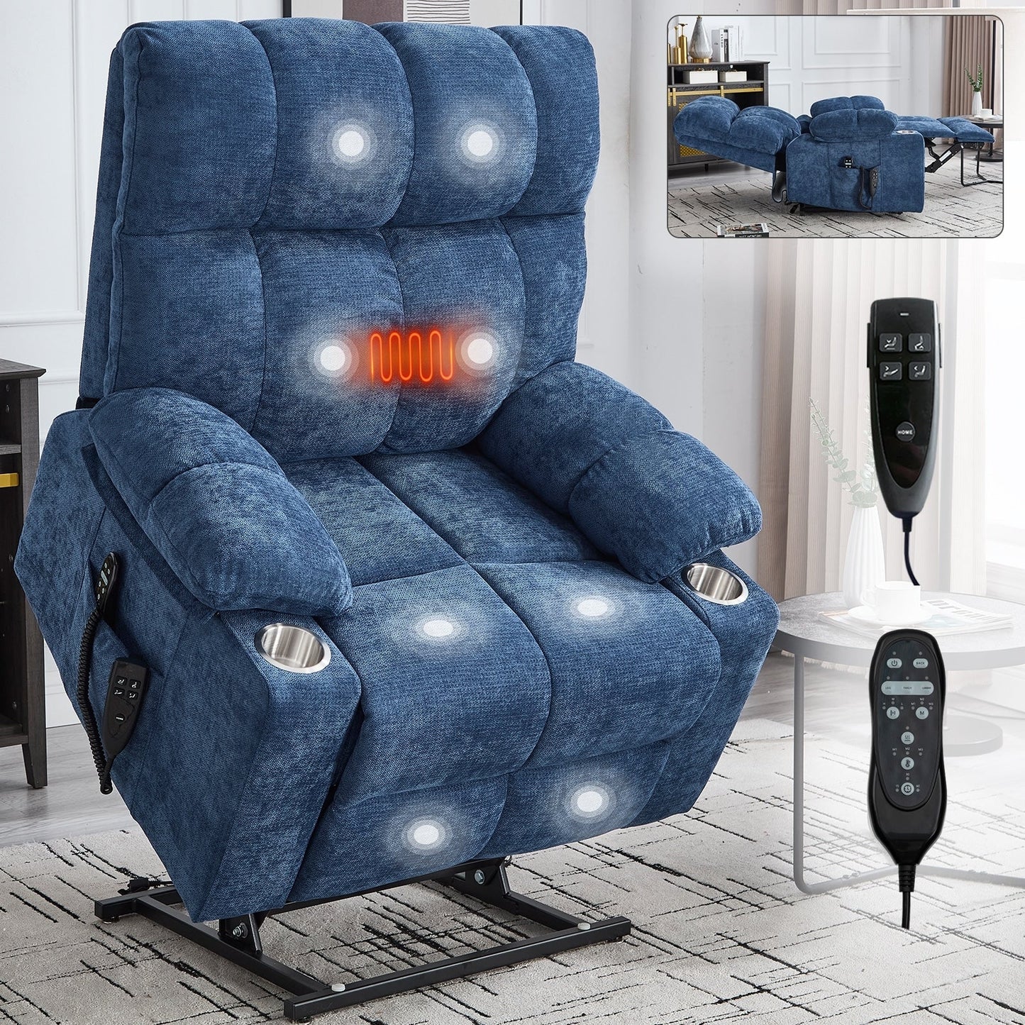 Fauteuil inclinable électrique surdimensionné avec double moteur, massage et chauffage lombaire, revêtement en chenille, deux porte-gobelets et poches latérales
