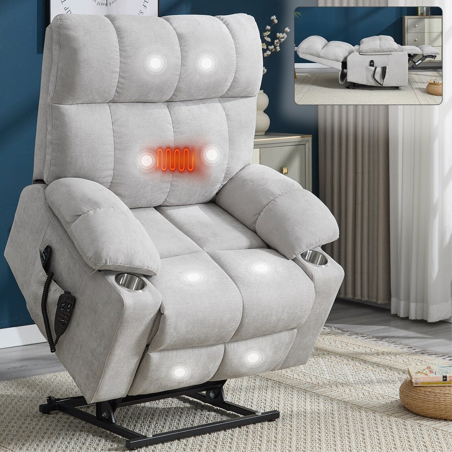 Fauteuil inclinable électrique surdimensionné avec double moteur, massage et chauffage lombaire, revêtement en chenille, deux porte-gobelets et poches latérales