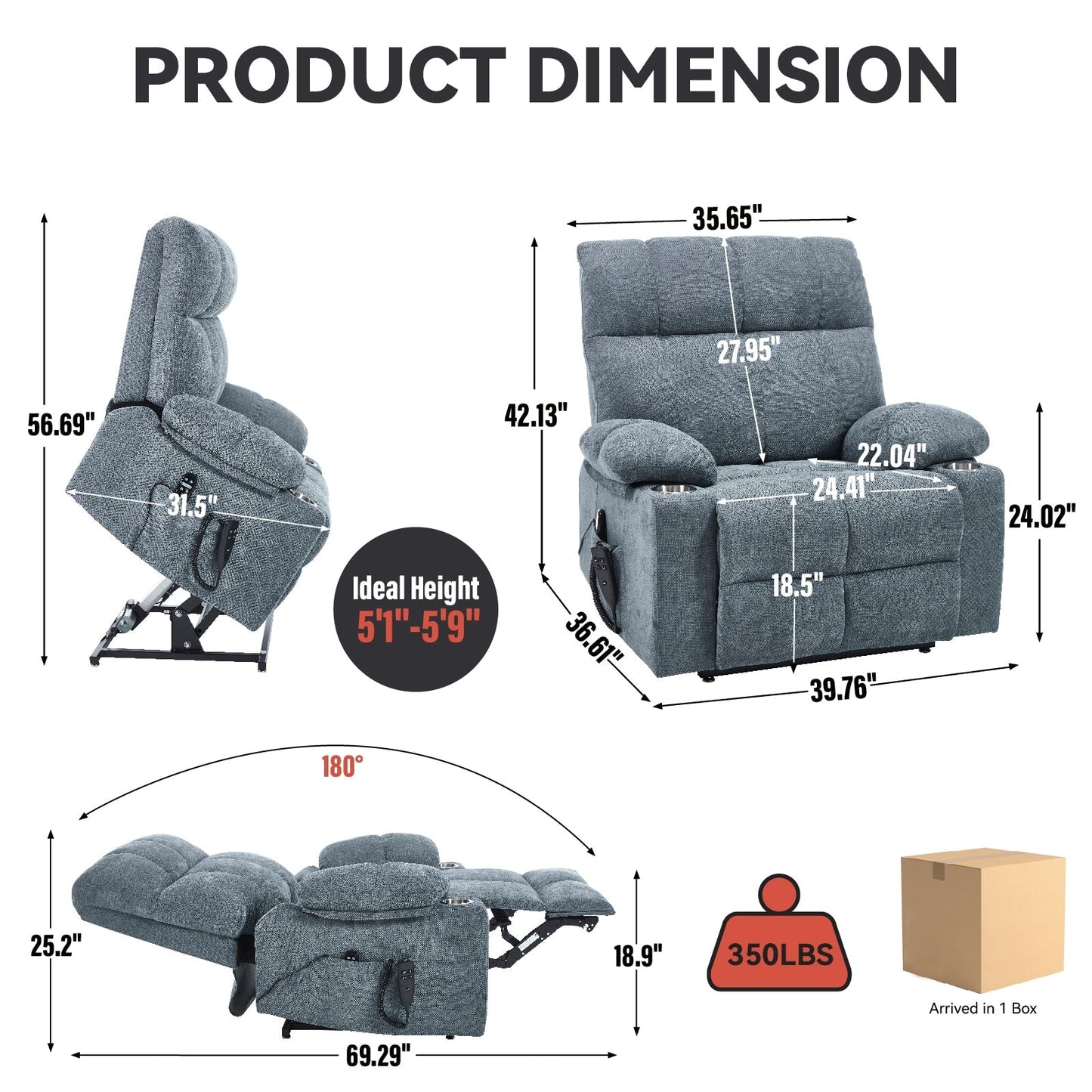 Fauteuil inclinable électrique surdimensionné avec double moteur, massage et chauffage lombaire, revêtement en chenille, deux porte-gobelets et poches latérales
