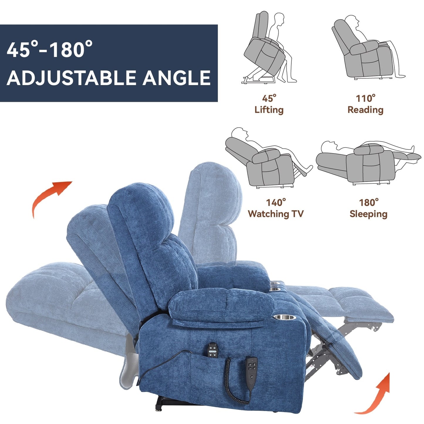 Fauteuil inclinable électrique surdimensionné avec double moteur, massage et chauffage lombaire, revêtement en chenille, deux porte-gobelets et poches latérales