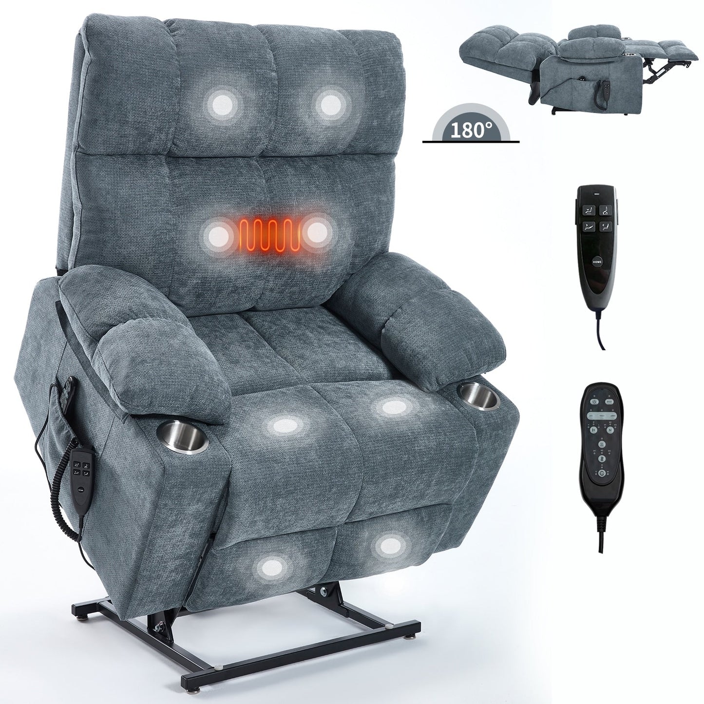 Fauteuil inclinable électrique surdimensionné avec double moteur, massage et chauffage lombaire, revêtement en chenille, deux porte-gobelets et poches latérales