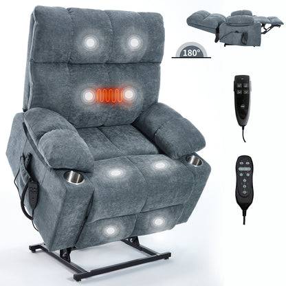 Fauteuil inclinable électrique surdimensionné avec double moteur, massage et chauffage lombaire, revêtement en chenille, deux porte-gobelets et poches latérales