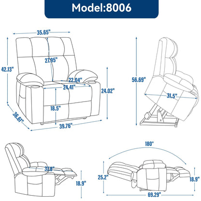 Fauteuil inclinable électrique surdimensionné avec double moteur, massage et chauffage lombaire, revêtement en chenille, deux porte-gobelets et poches latérales