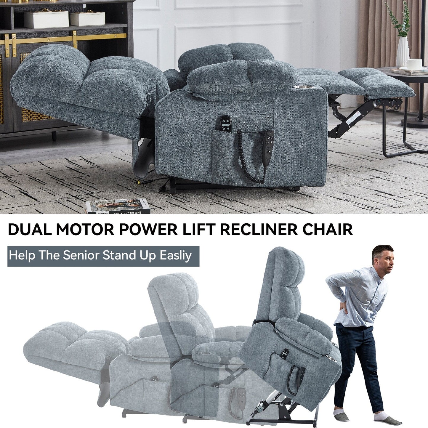 Fauteuil inclinable électrique surdimensionné avec double moteur, massage et chauffage lombaire, revêtement en chenille, deux porte-gobelets et poches latérales